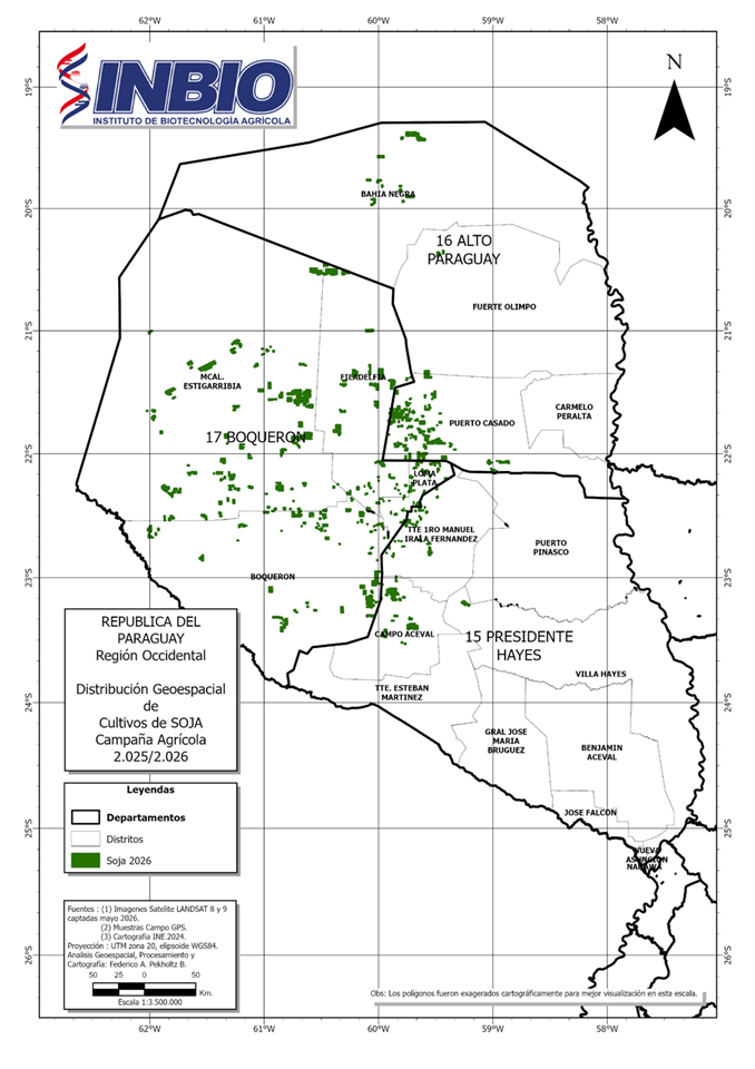 El Instituto de Biotecnología Agrícola (INBIO) presentó su informe de estimación de superficie del cultivo de la soja en la zafra 2026 de la Región Occidental o Chaco paraguayo.