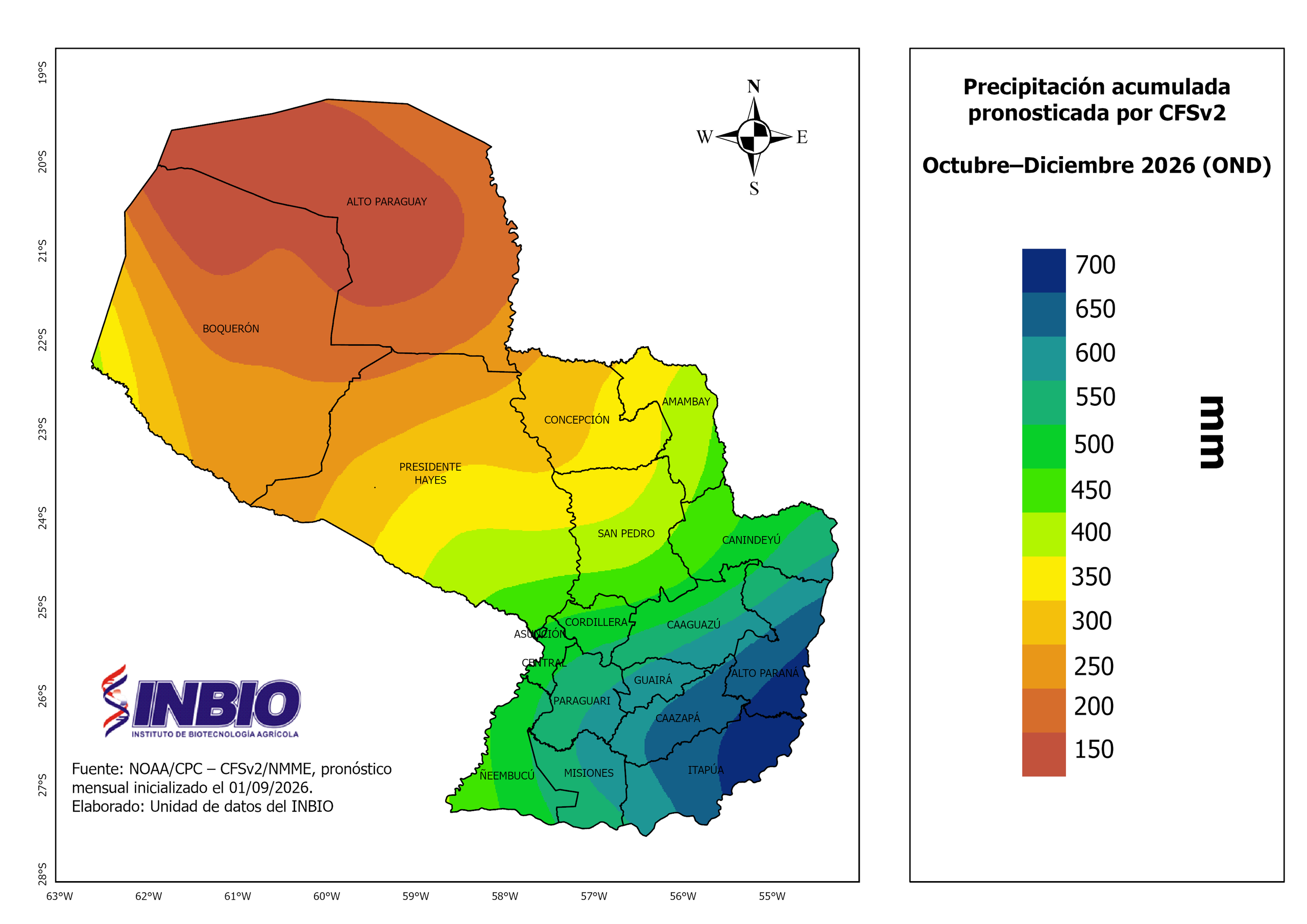 El Instituto de Biotecnología Agrícola (INBIO) presentó su informe de perspectiva climática trimestral de precipitaciones, correspondiente a la Zafra 2026-2027, destacándose de que se observa una perspectiva favorable de precipitaciones para el desarrollo de la próxima zafra agrícola.